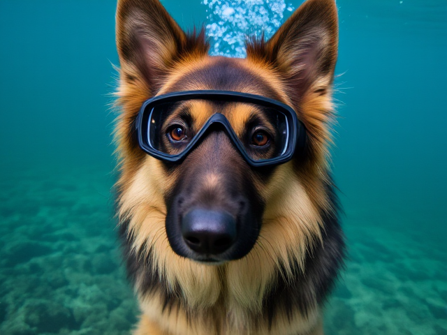 A long haired German shepherd wearing Freediving goggles