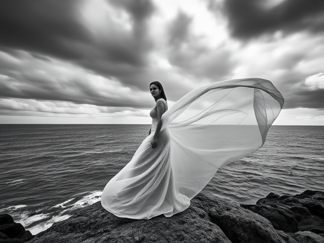 a powerful black-and-white fine art photograph of a woman standing on a rocky cliff by the sea, wearing a long, flowing, semi-transparent white fabric skirt dramatically blown by the wind, fabric swirling like ocean waves, stormy skies overhead with dramatic clouds, intense chiaroscuro lighting, cinematic mood, high contrast, emotional and ethereal atmosphere, photo-realistic, taken with a telephoto lens, depth of field focused on subject, sharp texture details in rock and fabric, looking at camera
