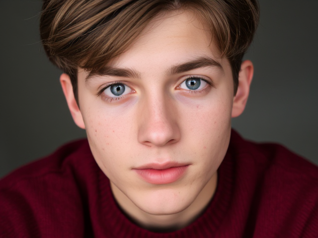 un adolecent qui porte un pull rouge bordeau, il a des yeux bleu, des cheveux brund moyennement long et avec des noeuds, il a aussi un gros nez et des boutons d'acnée et une peau rugueuse