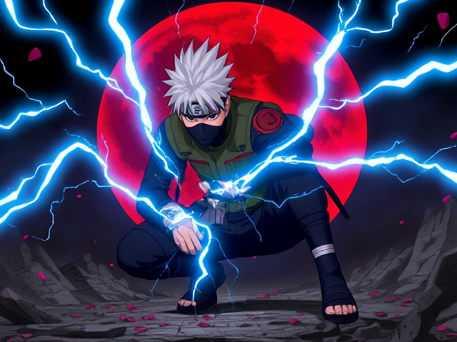 Kakashi Hatake from Naruto in a powerful and dynamic pose. He is crouched low, surrounded by crackling blue lightning as he channels his iconic Chidori technique. Kakashi's spiky white hair stands out, and his lower face is masked, with his Sharingan eye glowing vividly. He wears his signature tactical shinobi outfit, including the green flak jacket and arm guards. The background features a massive blood-red moon, adding an ominous and intense atmosphere, with petals or embers drifting in the air. The ground beneath him is shattered, emphasising the raw power of the scene. The art style should reflect a modern, highly detailed anime aesthetic, with sharp lines, dramatic lighting, and vibrant colours