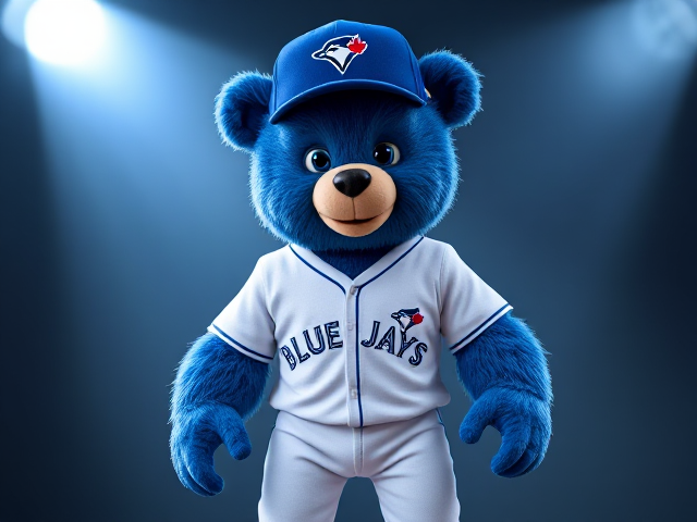 A human athletic teddy bear 5 feet 9 inches tall blue fur blue eyes wearing a blue baseball hat with a blue jay logo white v neck athletic shirt with blue jays written across the front in blue white baseball pants with blue piping down the sides blue baseball socks blue cleats smiling posing