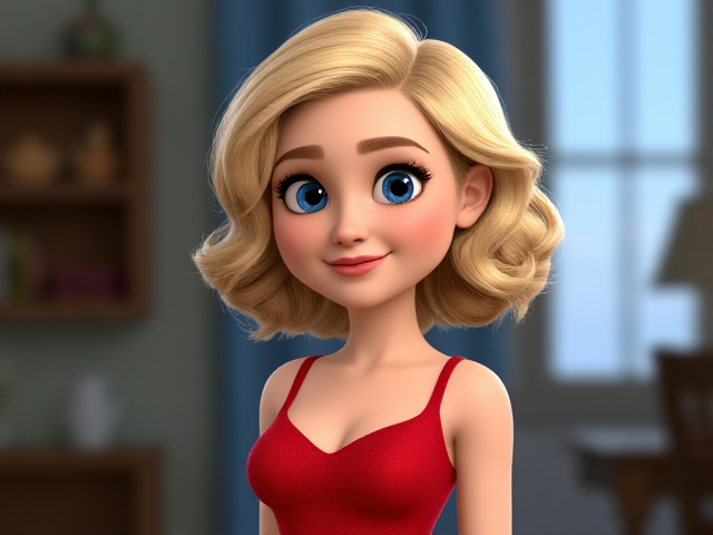 Woman curly blonde hair blue eyes red dress