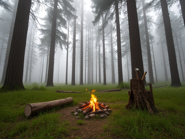 Create a realistic forest background with large trees and a soft, misty atmosphere. The focal point should be a small campfire at the center of the image, with a log nearby for sitting. Next to the log, place a tree stump with an axe embedded in it. Grass should surround the campfire, but keep the scene simple with no extra objects like additional logs. The trees in the background should be tall and partially covered by fog, giving a calm, peaceful wilderness feel. The lighting should emphasize the campfire glow and the misty environment."