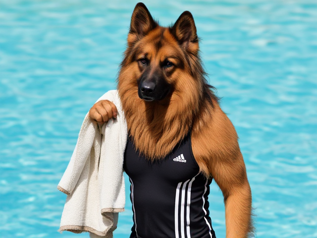 A tall anthropomorphic long haired german shepherd wearing an adidas swimsuit drying off with a towel