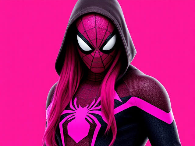 Créé une image d'un Spider-man avec un costume d homme noir  et rose les cheveux long et fushia une capuche et masque de spider man