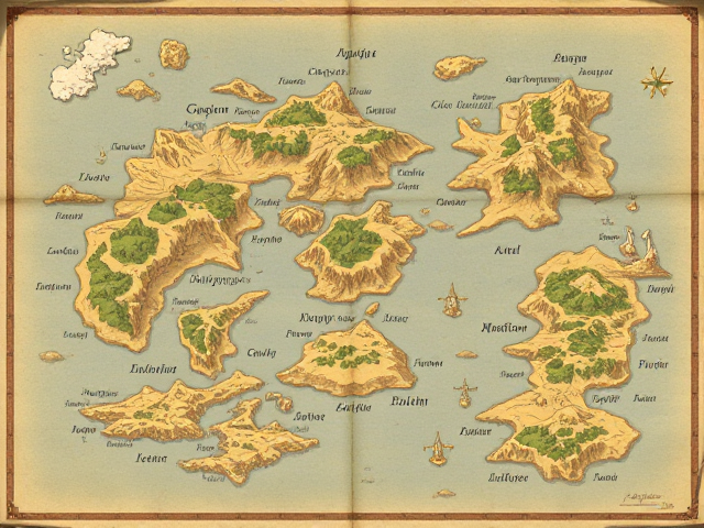 A flat fantasy map on a paper of a lot of big and small islands with fantasy cursive writing names that you can’t even read and kingdoms with no color, anime