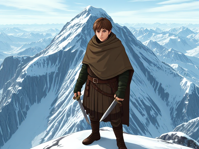 Young Viking warrior with medium brown hair, wearing a Viking cloak over his head, stands on top of a giant snow-covered mountain. He holds two Viking daggers in a downward stance. The scene is styled in anime art