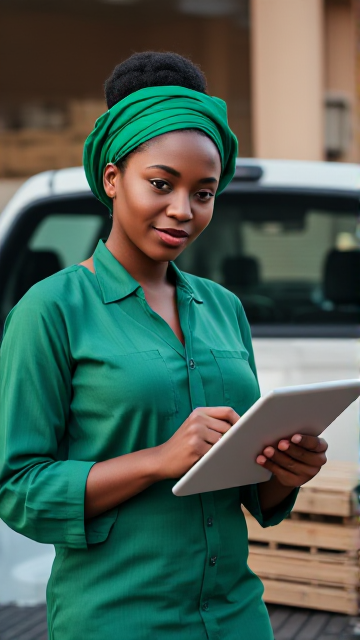 A highly detailed photograph of a handsome Kenyan cashier with striking features, wearing elegant green clothing. She is expertly using a tablet to record stock. a satisfied black supplier waering #fbffe1 clothes who has just brought in new stock with a pickup car. The setting is outside a wholesale store  the supplier is unloading the goods
.
