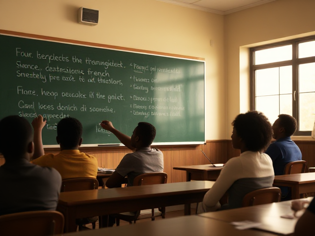 Élèves afro-américains écrivant au tableau des phrases en français dans une salle de classe, ambiance studieuse et chaleureuse, tableau noir avec écriture visible, lumière naturelle entrant par la fenêtre