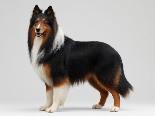 Tall anthropomorphic rough collie model, highly detailed, realistic fur texture, standing confidently, expressive eyes, showcasing personality, full body view