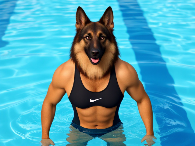 A tall anthropomorphic long haired German shepherd with a long torso and broad shoulders, wearing a high cut Nike one piece swimsuit and swimming goggles, in a Olympic swimming pool