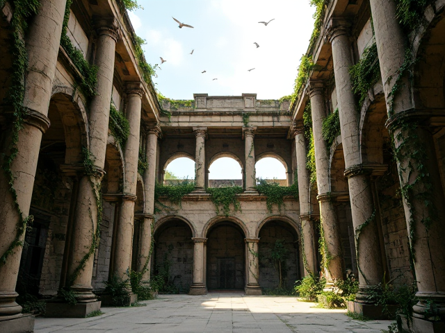 "Generate an ancient courtyard with tall stone pillars, archways, and walls overtaken by vines and greenery. The scene should feel like an abandoned temple, with sunlight filtering through an open sky. There should be a mix of architectural grandeur and natural overgrowth, with symmetrical arches and stone structures. Birds flying in the sky, creeping vines, and soft shadows create an atmosphere of mystery and adventure. The focus is on the detailed background, without any people, allowing the space to feel immersive and ancient."