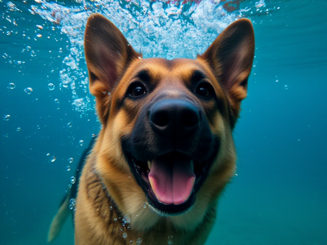 A German shepherd underwater, cheeks puffed as it holds its breath, surrounded by bubbles