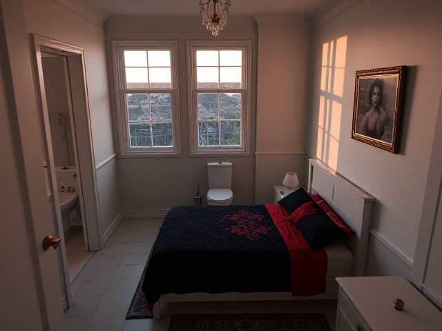 A top floor small bedroom in a big house with a bathroom with a toilet tub in it white walls a casket bed with black and red covers