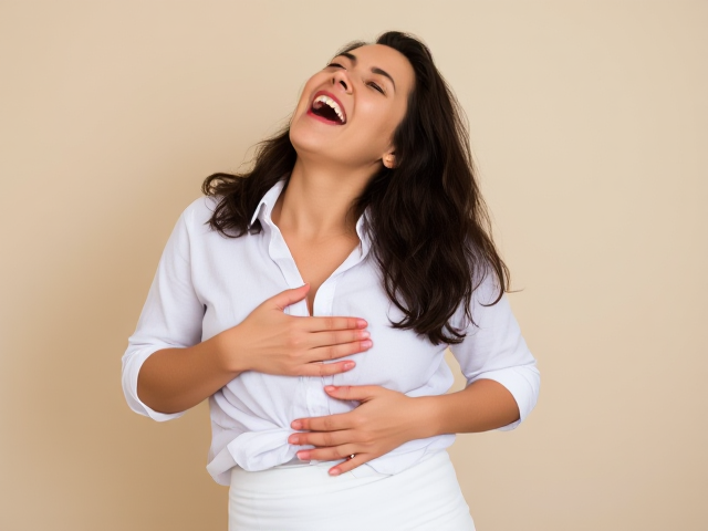 Beautiful semitic arhletic middle aged brunette in white shirt, white underpants and blue knee high socks throwing her head back and howling in hysterical laughter while holding her stomach