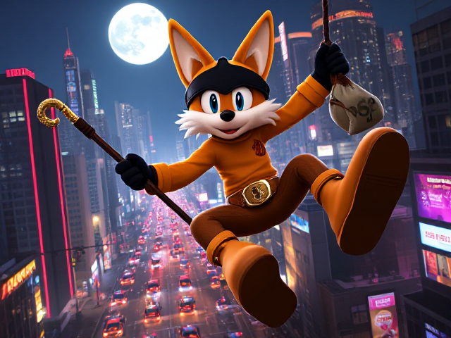 Miles "Tails" Prower, the two-tailed anthropomorphic fox, dynamically swinging on a rope in a massive neon-lit cityscape at night under a full moon. Tails grips an intricately designed cane with a gold hook at the tip in one hand and a bag of cash spilling coins from the other. He is wearing a sleek black domino thief mask to hide his identity, an orange long-sleeved shirt adorned with subtle patterns, matching high-tech orange boots, and a brown leather belt featuring his iconic logo as the belt buckle and no pants. Down on the streets below are numerous cop cars trying to chase and capture Tails. The background showcases towering skyscrapers and bustling streets filled with vibrant activity below