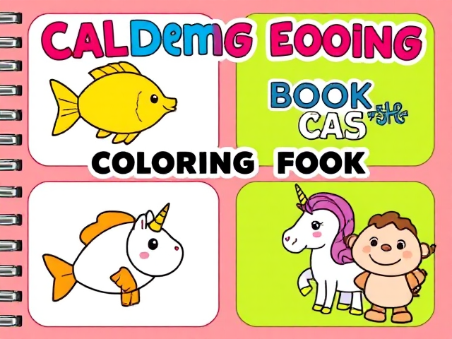 "Create a bright and playful children's coloring book cover. The design should feature cute, cartoon-style illustrations that are appealing to children aged 3-5. The layout should have four sections, each containing a different simple illustration, such as a fish, unicorn, or any other fun, kid-friendly characters or objects. The colors should be vibrant, with bold outlines, giving it a fun and engaging look for young children. Include a friendly cartoon character, like a smiling animal, in one of the corners. The overall style should be similar to a traditional children's coloring book cover—bright, happy, and easy to understand."