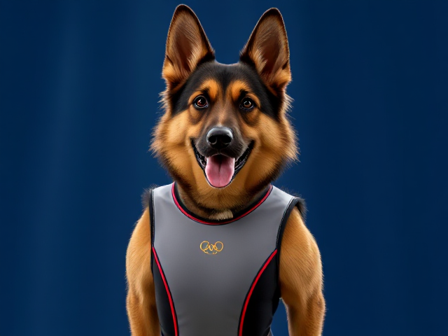 A German shepherd Olympic gymnast wearing a leotard