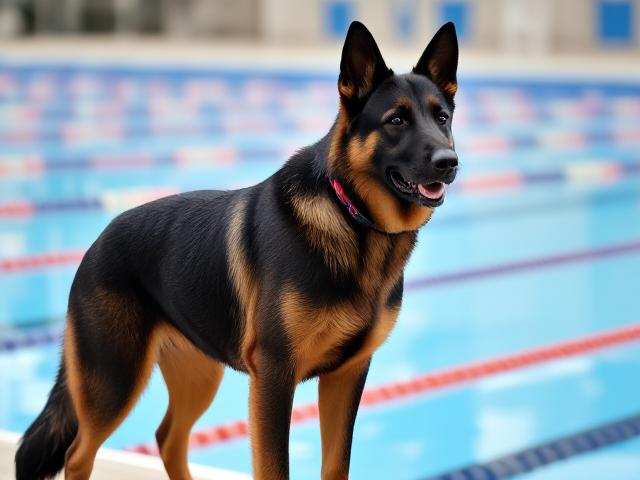 A anthropomorphized German shepherd Olympic swimmer with jet black fur, a long torso and broad shoulders standing on the pool deck