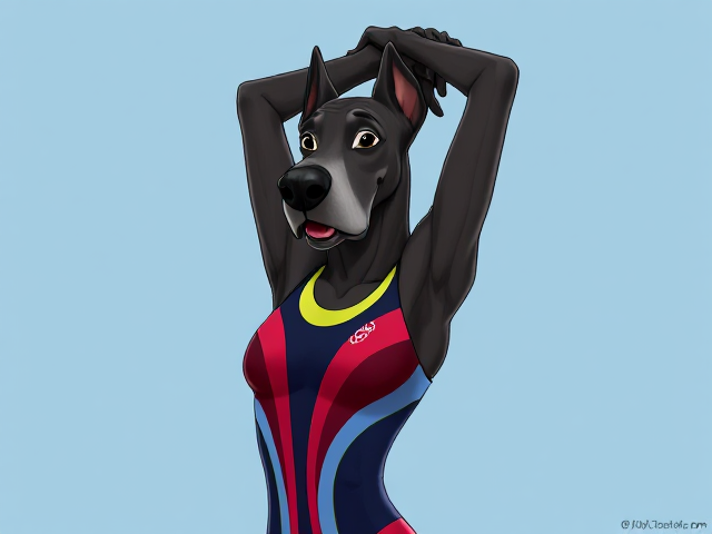 A anthropomorphic Great Dane Olympic gymnast wearing a leotard, stretching her arms over her head