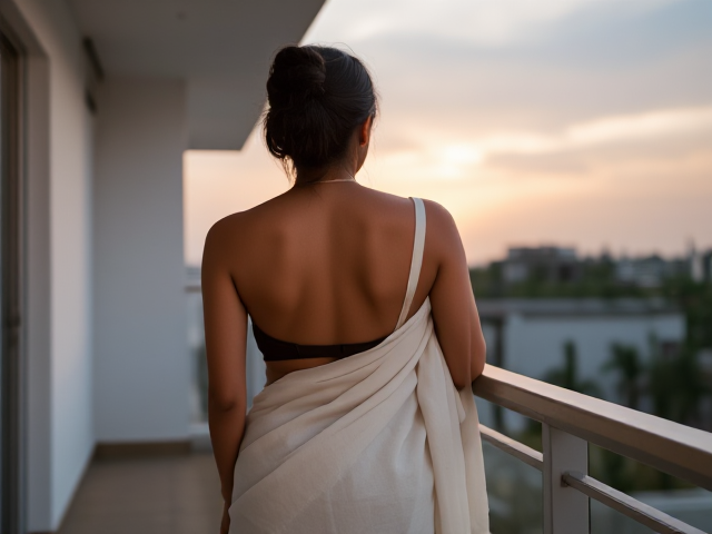 Skinny Indian woman's back turned on a balcony with a white saree on