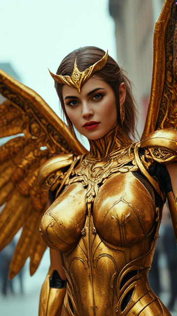 A cinematic image of a mechanical angel woman with intricate golden metallic features that shimmer with haunting beauty. Her wings, partially damaged, loom behind her, casting shadows on her face. The atmosphere is charged with the aftermath of the battle, with a blurred background hinting at the chaos. Soft, ethereal lighting highlights the inherent anguish and strength of her face. Her part-humanoid body reveals her femininity, heightened by her perfect curves. A light rain adds shine to the entire figure.