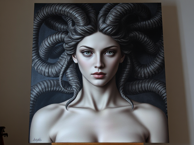 Medusa Greek goddess painting, good lighting and on a stand