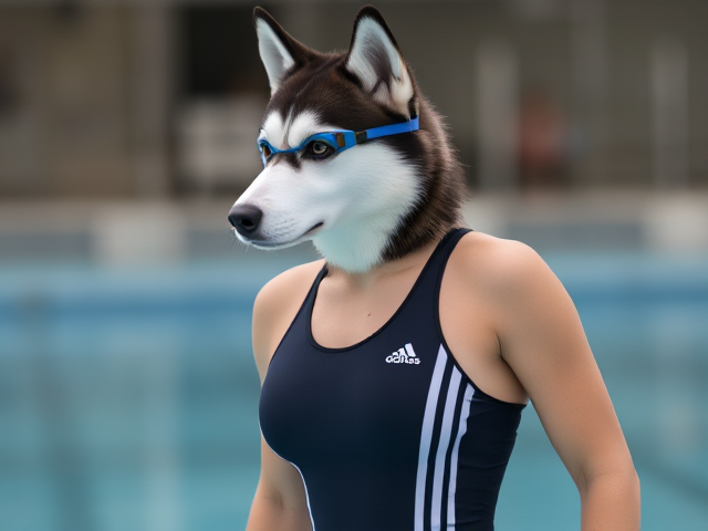 A tall anthropomorphic female Siberian husky with broad shoulders wearing an adidas swimsuit and swimming goggles