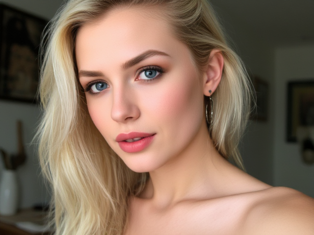 Fille blonde  avec du maquillage sur sa tete 
Montre la de loin