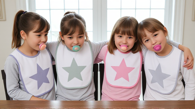 Quatres filles adolescentes assise a table avec des grands bavoirs étoile de différentes couleurs et des tétines en bouche de différentes couleurs elles ont les cheveux lisses et dégagé à l’avant elles sont en pyjamas simple et il y a une grande fenêtre derrière la table et elles se font un gros câlin