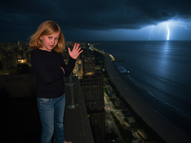 A petite 13-year-old girl with strawberry blonde hair, wearing a pullover and jeans, is standing on the roof ledge of a night club. Next to her on the roof, standing nearby is a modern-day, pale skinned vampire in his late twenties, with blonde hair, dressed in a brown trench coat and jeans. He appears uneasy as he looks at her. The girl gestures angrily at him, flailing her arms. A thunderstorm approaches the cityscape from the sea shore. Set at night.