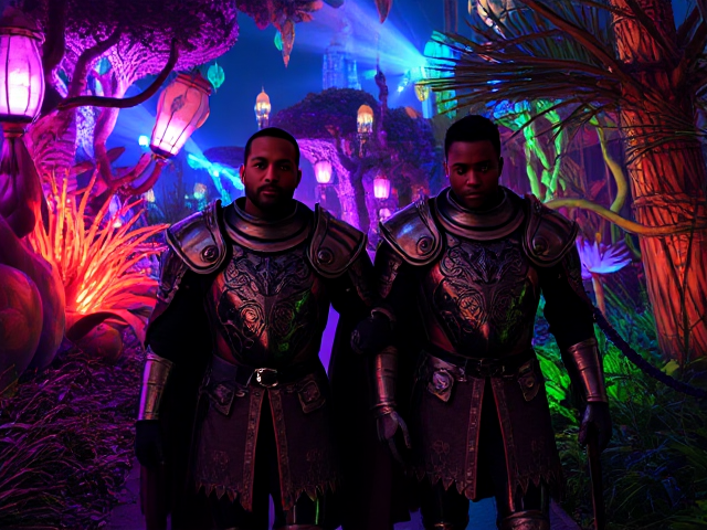A dark-skinned knight of African descent, clad in ornate armor, walking beside another similar knight through a vibrant neon-lit garden, filled with glowing plants and surreal landscapes