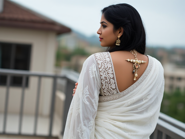 Indian young woman dressed in a white saree with intricate white embroidery , and elaborate traditional jewelry including bangles, earrings, and a necklace, her back turned to reveal the detailed work on the saree. And long black hair. The scene is set against a background of her on a balcony in Pakistan