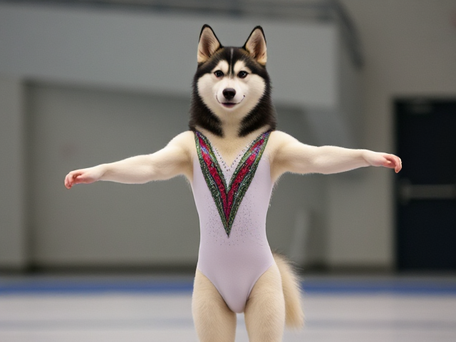 Anthropomorphic Siberian husky gymnastics leotard gymnasium