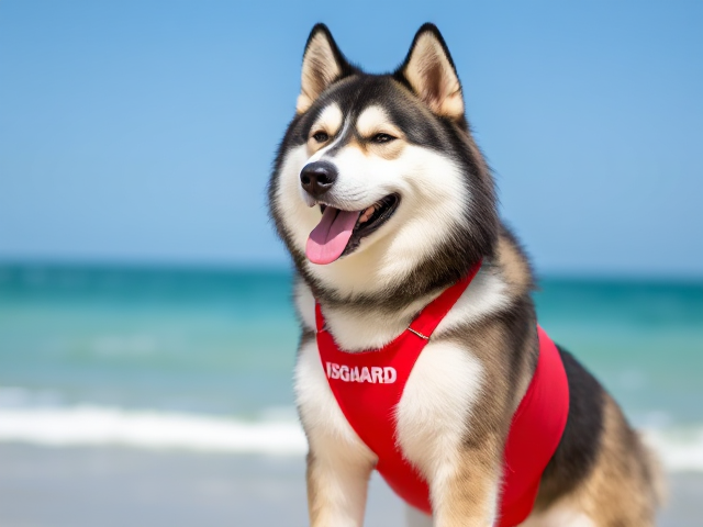 A anthropomorphic alaskan malamute  wearing a red lifeguard one piece swimsuit