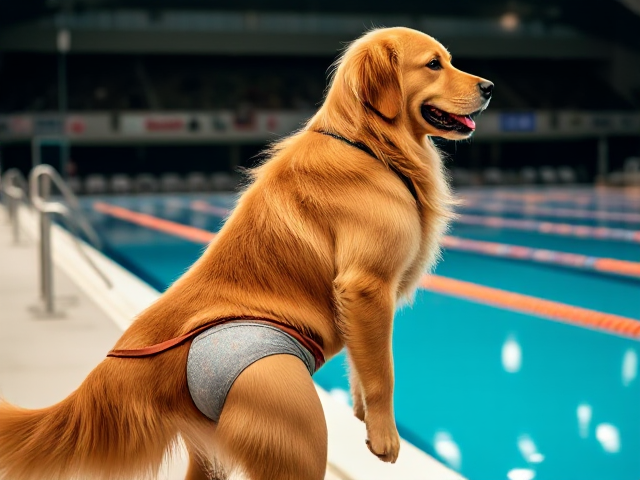 Anthropomorphic golden retriever with pronounced hips, wearing a stylish swimsuit, standing confidently by an Olympic swimming pool, ultra-detailed and vibrant colors, realistic lighting and reflections