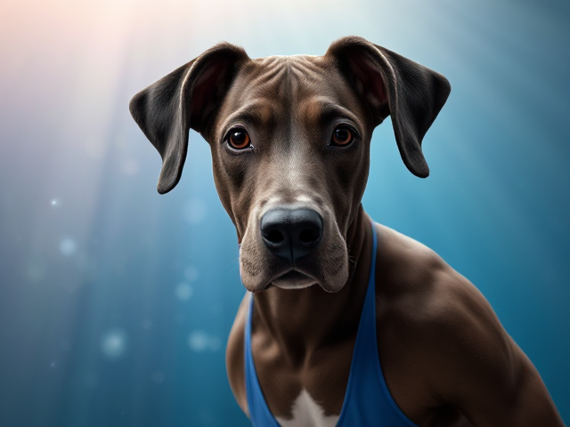 A anthropomorphic Great Dane Olympic diver wearing a high cut one piece swimsuit