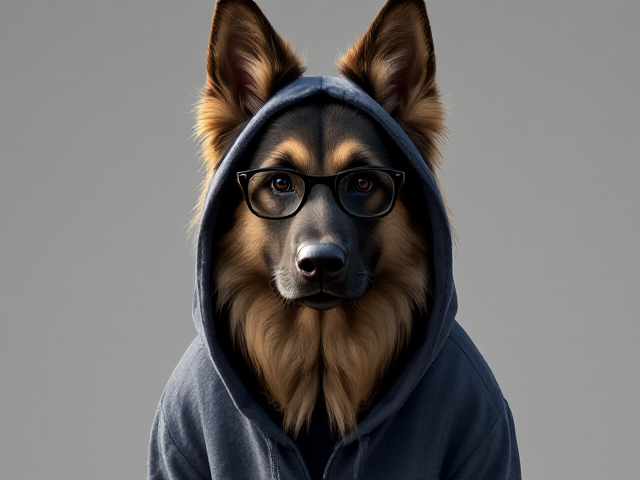 A anthropomorphic long-haired German shepherd wearing a hoodie, glasses, and leggings