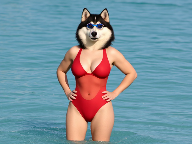 A anthropomorphic alaskan malamute with strong legs hips and thighs wearing a red lifeguard one piece swimsuit and swimming goggles