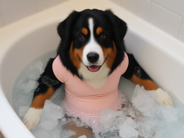 A anthropomorphic Bernese mountain dog wearing a gymnastics leotard submerged in a bathtub full of ice