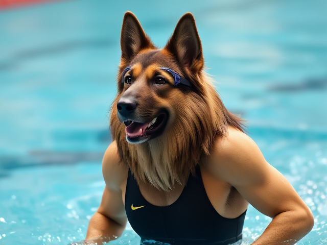 A anthropomorphic long haired German shepherd Olympic swimmer with a long torso, wearing a one-piece swimsuit and swimming goggles