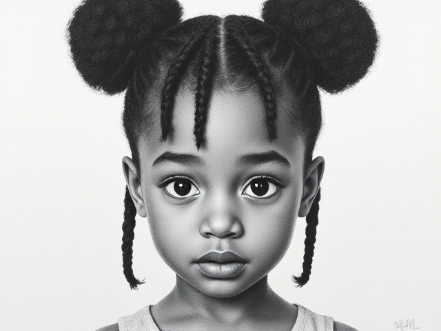 dessin d'une petite fille de 3ans, noire, avec les cheveux affros coiffés en deux chignons et trois nattes tombant sur son front, des yeux étirés