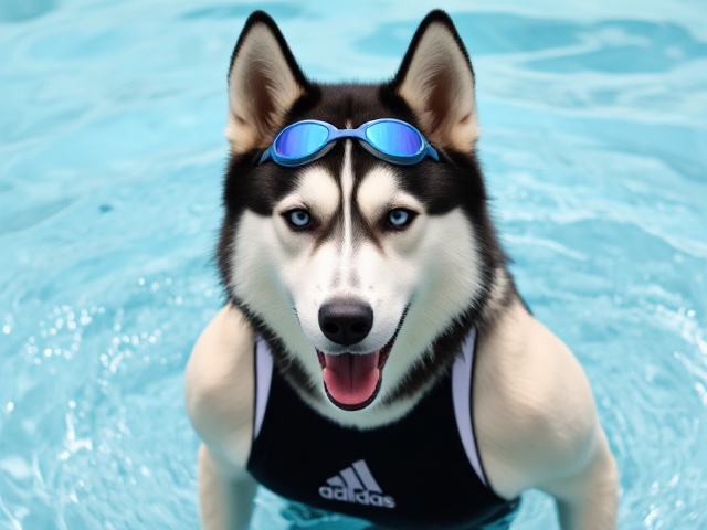 A anthropomorphic Siberian husky wearing an adidas swimsuit and swimming goggles