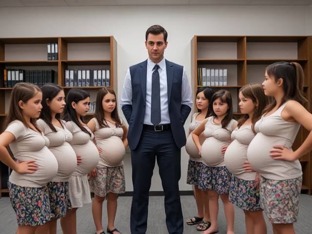 A group of Small, pregnant female children with annoyed expressions, hands on their hips, looking up at a tall man standing in front of them. The small man is looking down at her, set in a modern office environment with bookshelves and legal documents visible