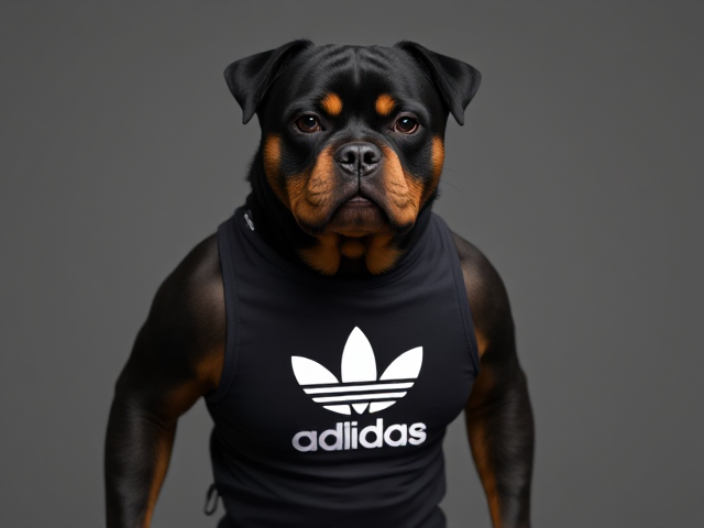 A anthropomorphic Rottweiler wearing an adidas swimsuit