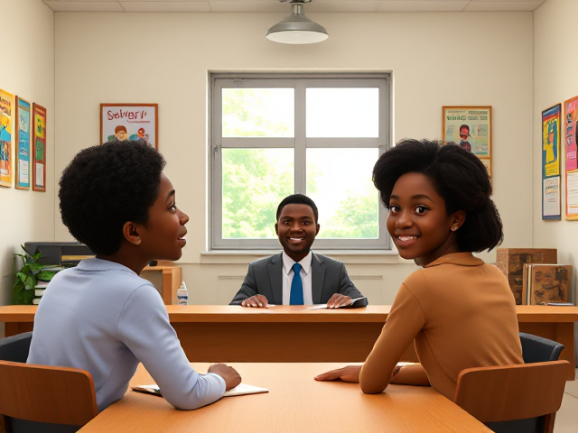 Parents afro-américains d'un élève dans le bureau du directeur d'école, ambiance chaleureuse et bien éclairée, décoration scolaire en arrière-plan, expressions faciales engageantes et concernées, mobilier en bois verni, fenêtre avec lumière naturelle, posters éducatifs colorés sur les murs