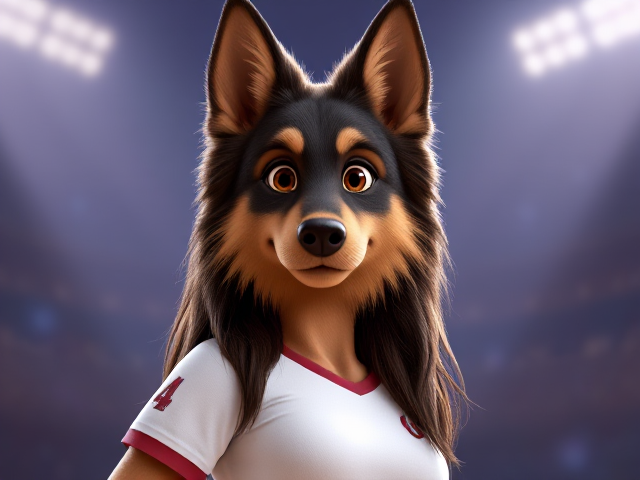 A tall anthropomorphic long haired German shepherd volleyball player in her volleyball uniform