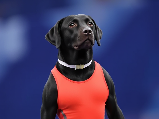 A anthropomorphic black Labrador retriever Olympic gymnast wearing a leotard