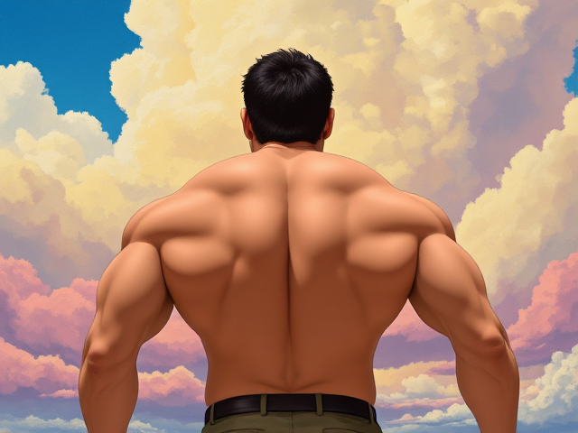 an extremely muscled man. no shirt.