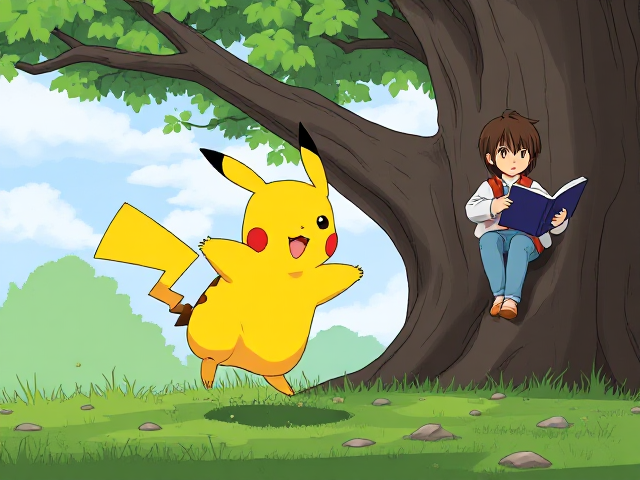 Un pikachu qui poursuit un garçon avec de cheveux longs et bruns ,à côté il y’a un garçon avec les cheveux courts et lisse qui lit un livre sur un arbre
